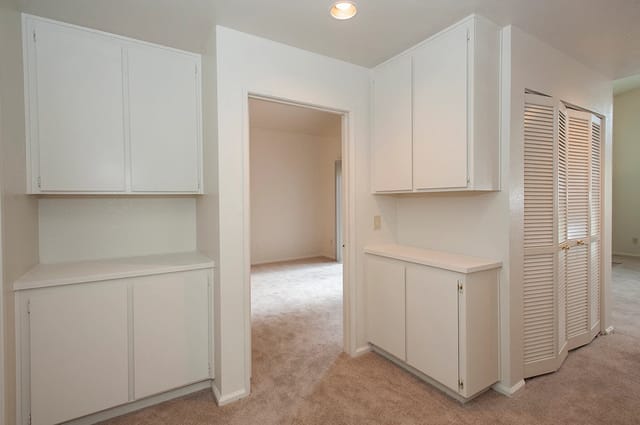 Interior view of a hallway with white upper and lower cabinets and a carpeted floor.
