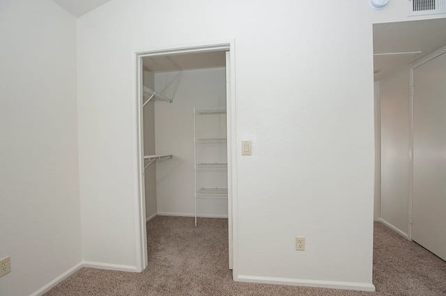 Closet with wire shelves in a beige-carpeted apartment room.
