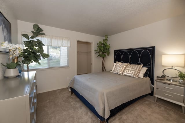 Bedroom with a queen-size bed, dresser, and closet.