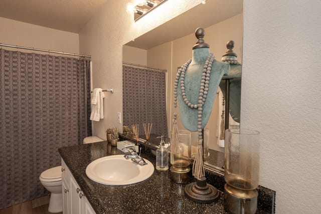 A modern bathroom featuring a granite countertop, stainless steel faucet, and a decorative mannequin.