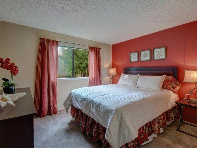 Cozy bedroom with a king-sized bed, red accent wall, and large window.