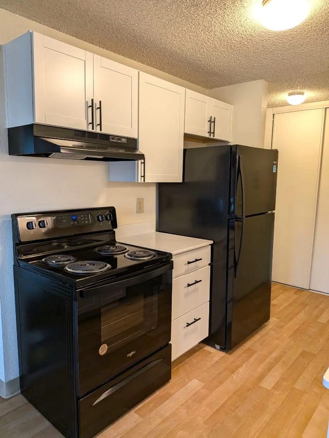 Modern kitchen with black appliances and white cabinets.