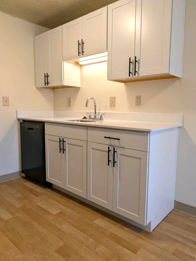 Modern kitchen with white cabinets and chrome faucet.
