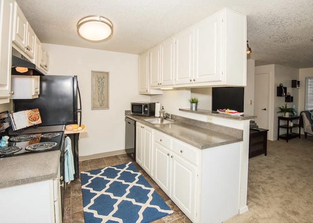 Apartment kitchen with white cabinets, black appliances, and a blue geometric rug.