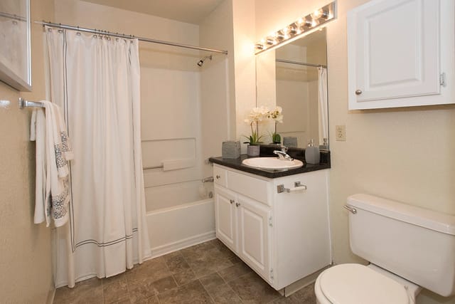 Bathroom in apartment with shower-tub, white vanity, mirror, and toilet.