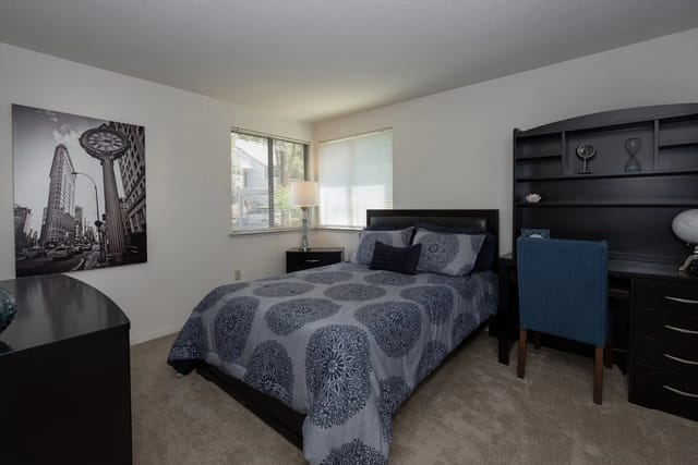 Bedroom in an apartment with a bed, blue patterned bedding, and dark wood desk and shelves.