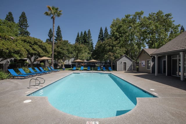 Swimming pool area with blue lounge chairs and umbrellas.
