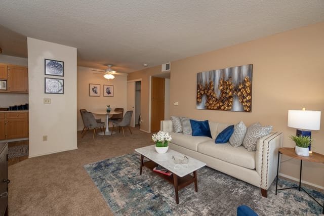 Interior living room with beige walls, cream sofa, blue accent pillows, and a round dining table in the background.