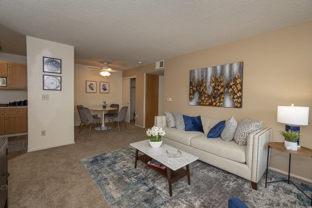 Living room and dining area with a sofa, coffee table, dining table, and chairs.