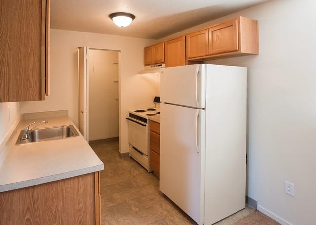 Small apartment kitchen with refrigerator, stove, sink, and wooden cabinets.