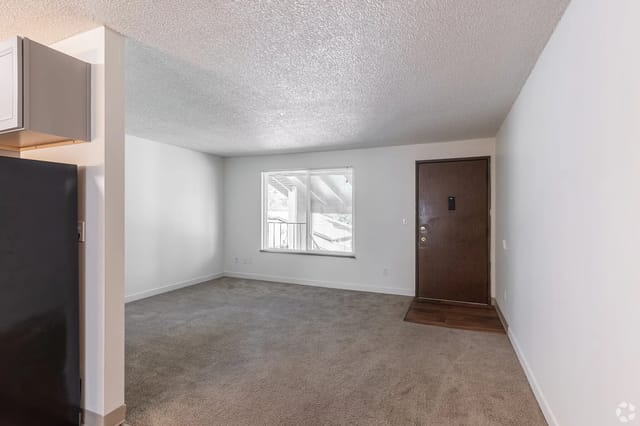 Apartment living room with window, front door, and carpet; partial kitchen visible on the left.
