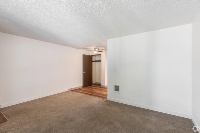 Empty apartment living area with white walls, carpet, and an open closet.