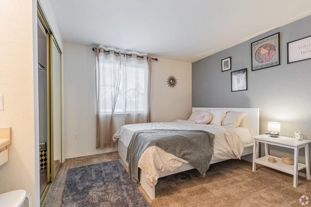 Bedroom in apartment with white bed, gray accent wall, sheer curtains, and a nightstand with lamp