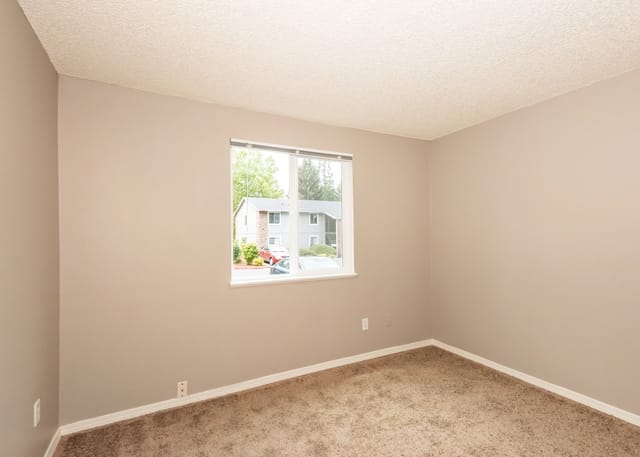 Empty beige bedroom with a window and brown carpet.
