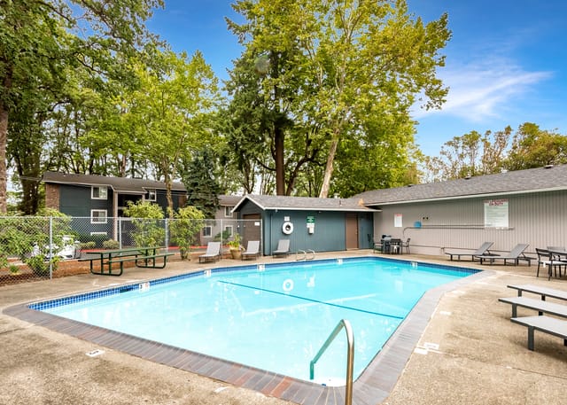 Outdoor pool at an apartment community with lounge chairs and trees.