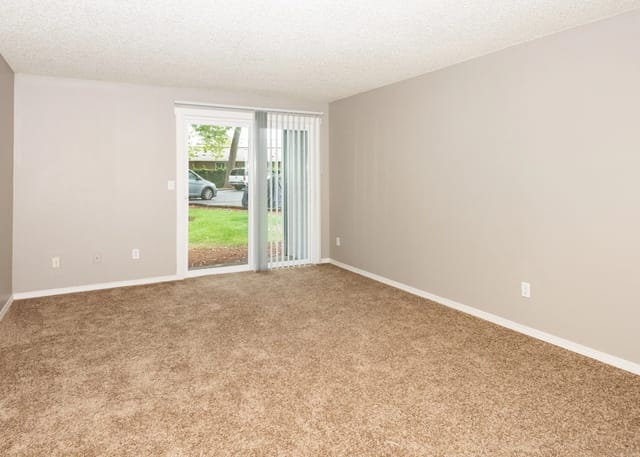 Empty living room with sliding glass door and carpet.