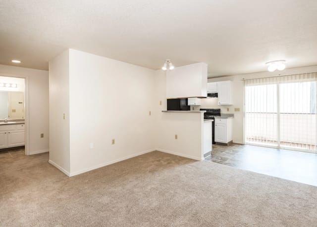 Living room and kitchen area with neutral carpet and white cabinets.