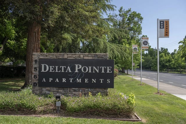 Delta Pointe Apartments monument sign with 'NOW LEASING' flags.