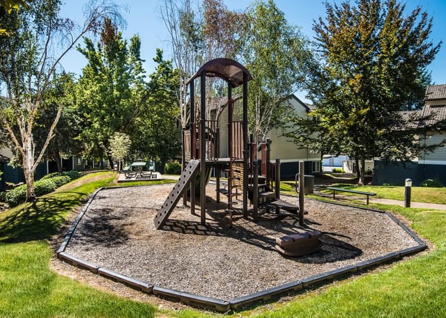Playground with slide, swings, and climbing structures.