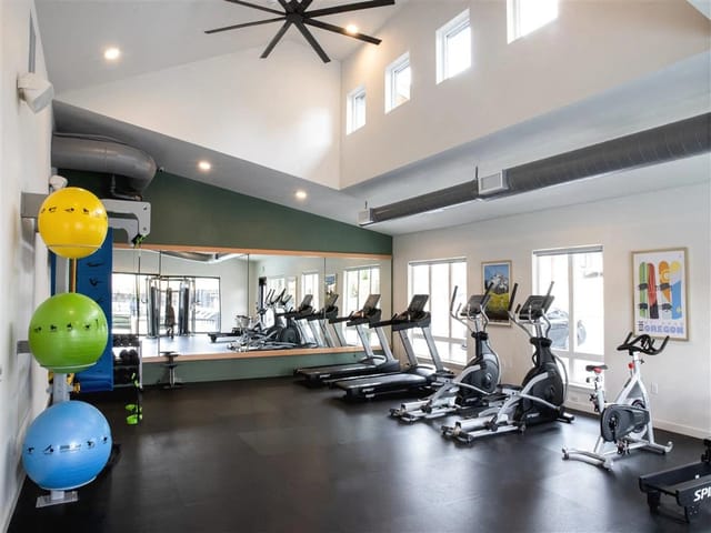 Gym with treadmills, ellipticals, spin bike, and stability balls.