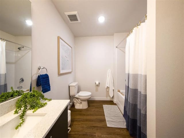 Modern bathroom with a vanity, toilet, and shower/tub.