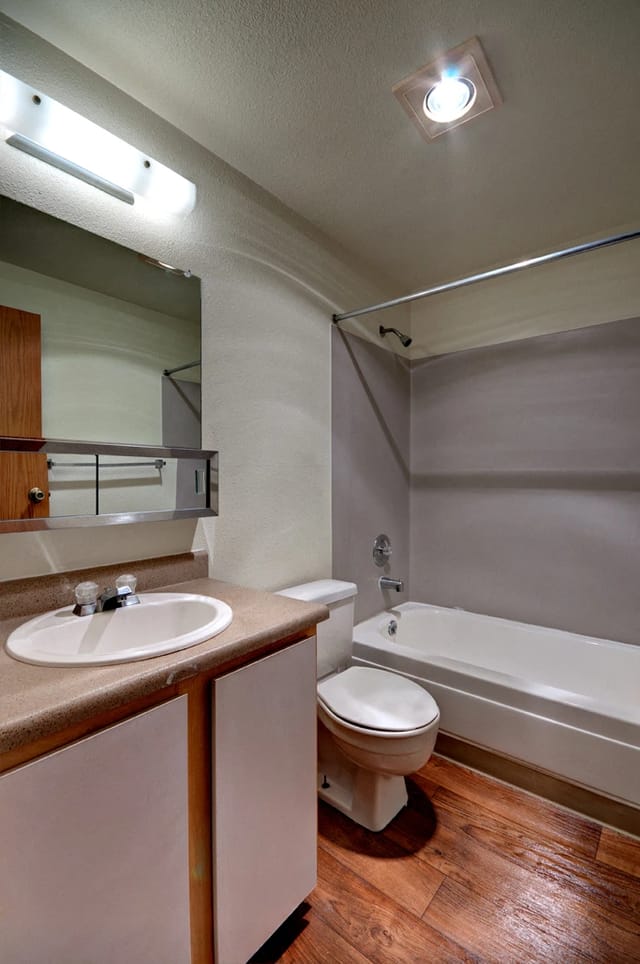 Bathroom with vanity, toilet, and bathtub.