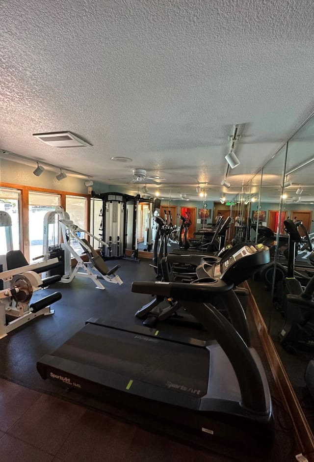 Fitness center with treadmills, ellipticals, and weight machines.