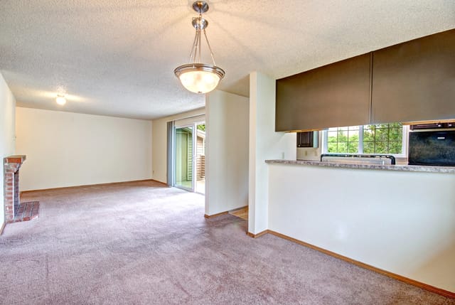 Spacious living room and kitchen area with fireplace and sliding glass doors.