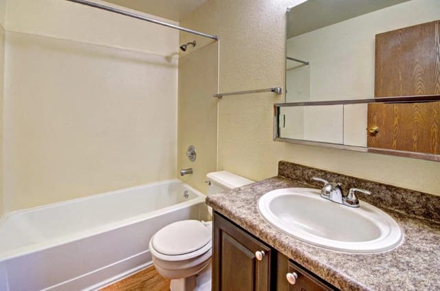 Clean bathroom with a bathtub, toilet, and vanity with a sink and mirror.