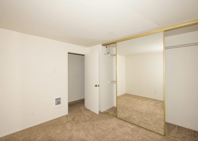 Bedroom with mirrored closet doors and plush carpeting.