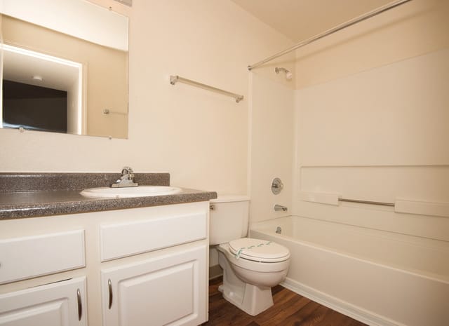 Bathroom with vanity, toilet, and bathtub/shower.