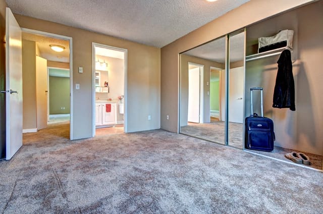 Spacious bedroom with mirrored closet doors and view into hallway and bathroom.