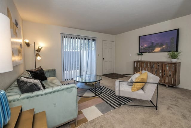 Living room with a sofa, armchair, coffee table, and TV.