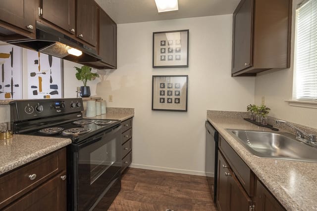 Modern kitchen with dark wood cabinets, granite countertops, black appliances including a stove and dishwasher, and a stainless steel sink.