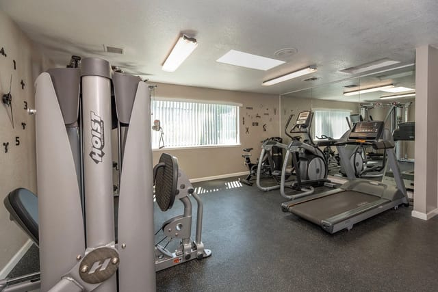 Fitness center gym with treadmills, ellipticals, and weight machines.