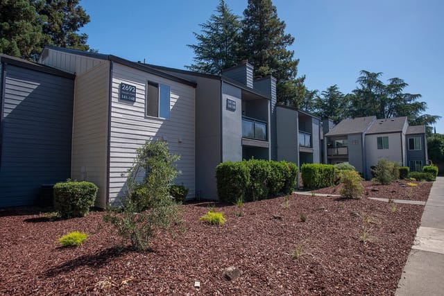 Exterior view of apartment buildings with manicured landscaping and a sidewalk.