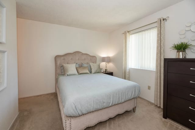 A plush bed with light blue linens and decorative pillows sits in a well-lit bedroom.