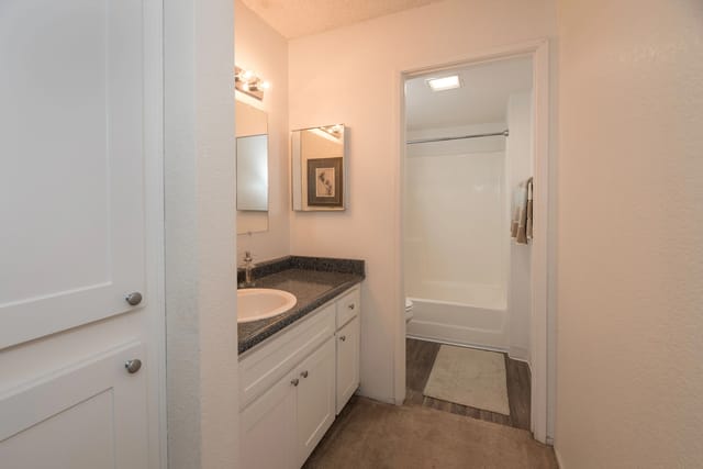Bathroom vanity with sink, countertop, mirror, and cabinet, with a view into the shower/tub area.
