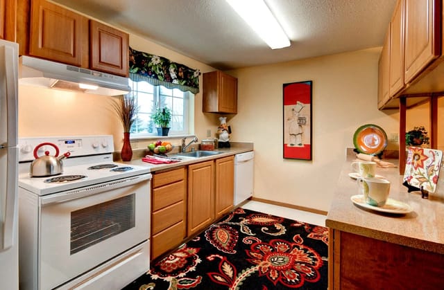 Kitchen with wood cabinets, white appliances, and a window.