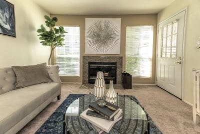 Cozy living room with a fireplace and sofa.