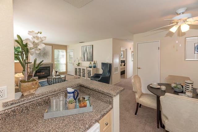 Kitchen counter with decor, living room with fireplace, dining area, and hallway leading to bedroom.