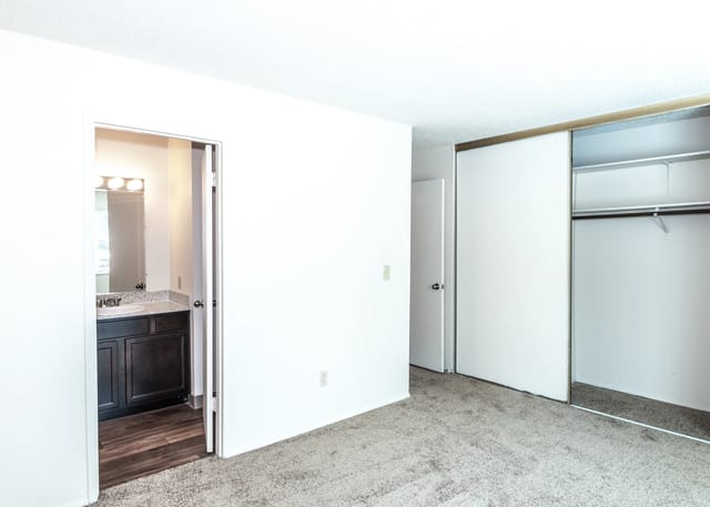 Bedroom with a closet and a view into a bathroom vanity area.