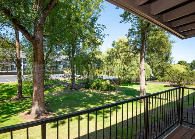 View of lush green courtyard with mature trees and apartment buildings in the background.