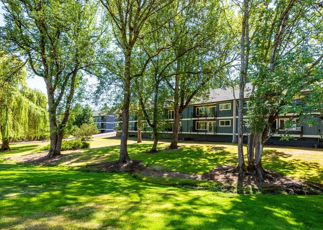 Exterior view of apartment buildings surrounded by lush trees and green grass.