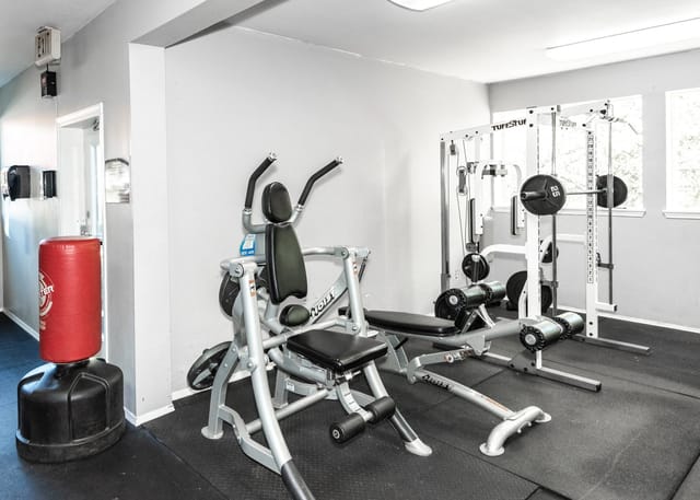 Gym equipment including a punching bag, weight machines, and free weights.