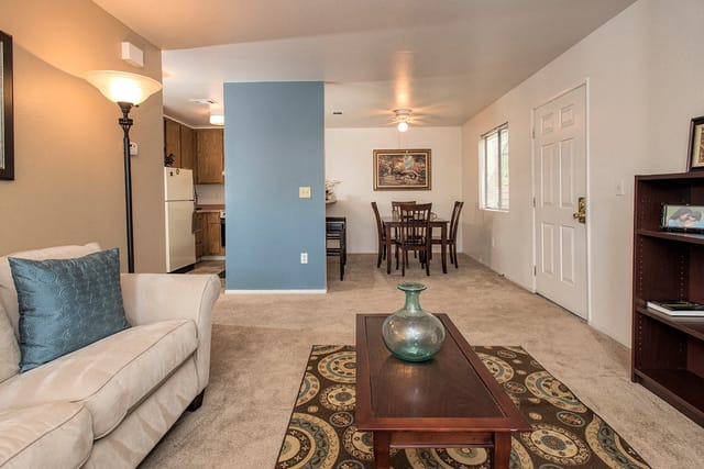Living room and dining area of an apartment with a sofa, coffee table, dining table, and kitchen visible.