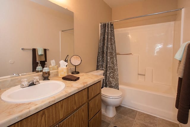 Bathroom with vanity, sink, toilet, and bathtub with shower curtain.