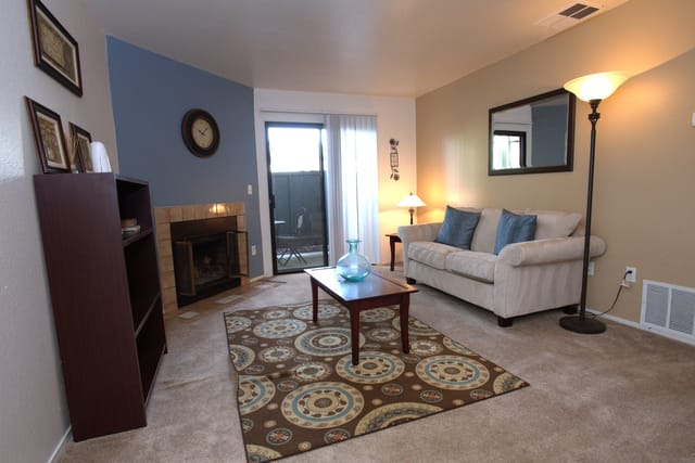 Living room with fireplace, sofa, coffee table, bookshelf, and sliding glass door.