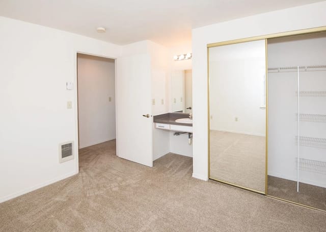Bedroom with vanity and large mirrored closet