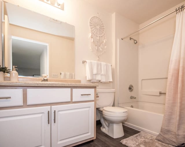 Modern bathroom vanity with white cabinets, granite countertop, and large mirror.